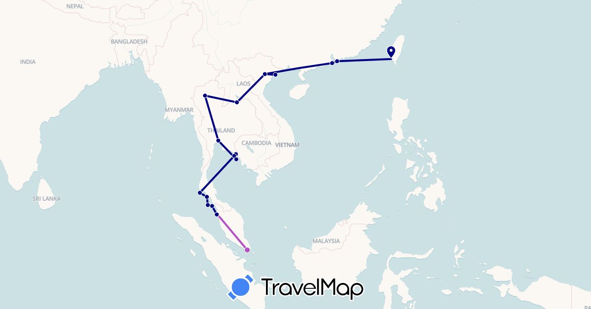 TravelMap itinerary: driving, train in Hong Kong, Laos, Macau, Malaysia, Singapore, Thailand, Taiwan, Vietnam (Asia)